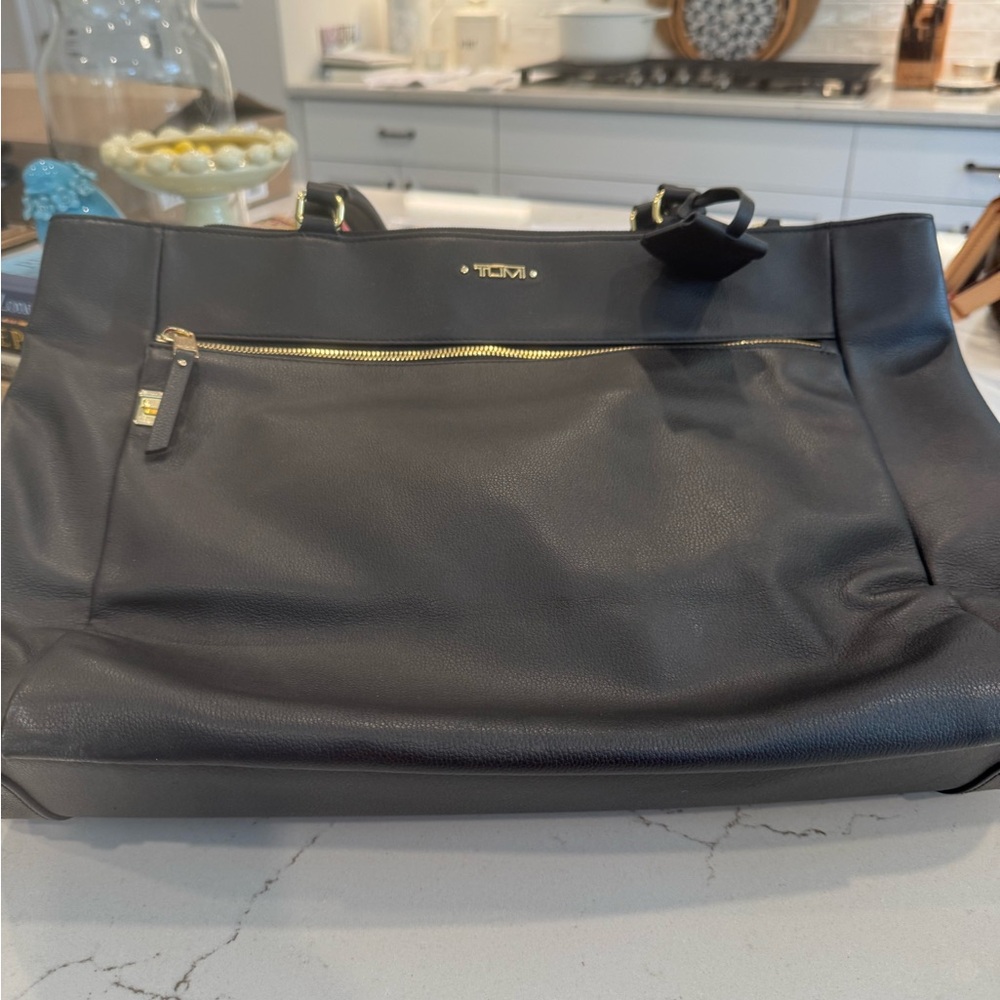 Tumi Black Leather Tote with Gold Accents